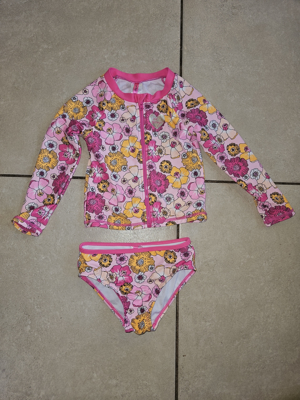 Betsey Johnson Pink & Yellow Floral Zip Rashguard Swim Set